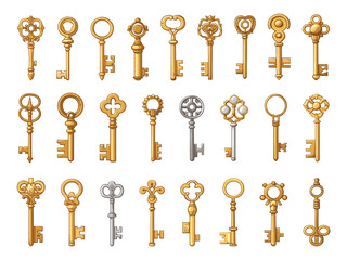 Cartoon Vintage Keys Set. Magic Keys, Fantasy Style. Isolated Vector Illustrations in Simple Flat Style on White Background. Antique, Retro, Old, Rustic