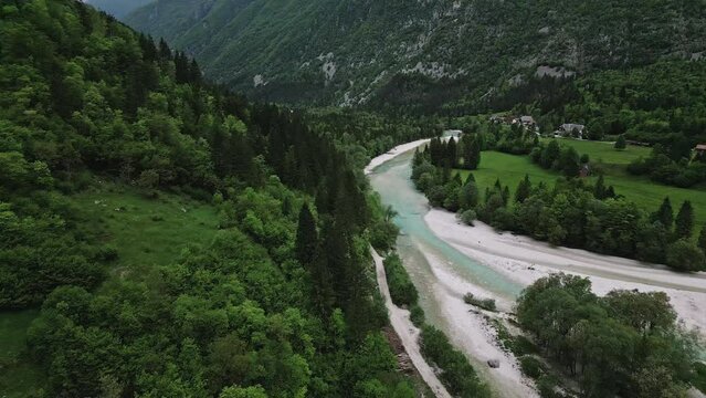 river Soča in the mountains in Slovenia. Drone view of the valley Soča river. Mountain landscape 