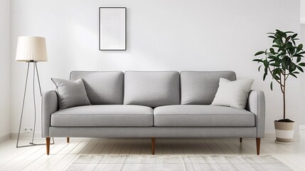 Livingroom interior wall mock up with gray fabric sofa and pillows on white background with free space on wall. 3d rendering. ai generative