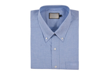  Men's classic blue folded cotton shirt with long or short sleeve and blue blank label isolated on white background.