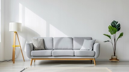 Livingroom interior wall mock up with gray fabric sofa and pillows on white background with free space on wall. 3d rendering. ai generative