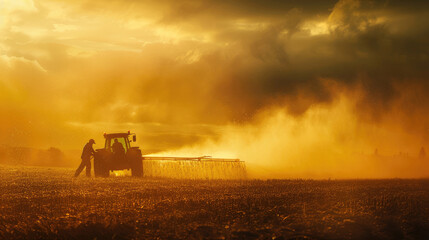 Fototapeta premium Farmer in the field. Blurred background with tractor