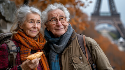 An elderly couple shares a serene moment under the autumn leaves in Paris, with the iconic Eiffel Tower in the background. The woman holds a fresh croissant, enhancing the authentic Parisian experienc