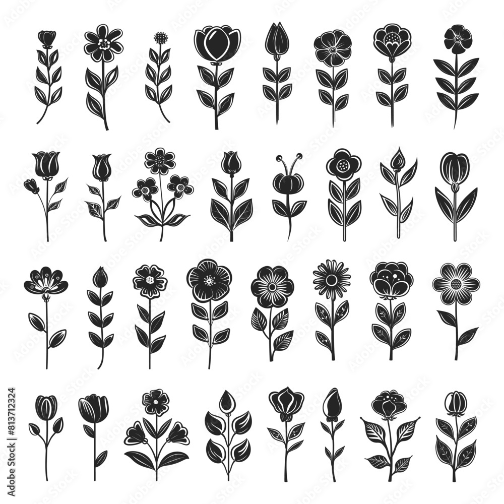 Wall mural decorative flowers and leaves icon set. hand-drawn illustrations with crisp contours. black silhouet