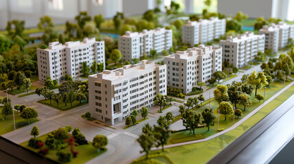 A miniature model of a modern housing complex made from white plastic
