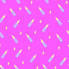 Bright seamless pattern of lipstick on a pink background. Vector illustration