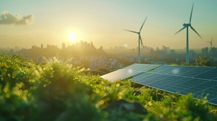 A hopeful scene showcasing sustainable living solutions in action, with renewable energy