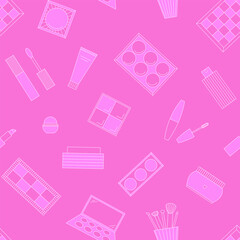 Seamless pattern of decorative cosmetics. Eyeshadow palette, blush, mascara, gloss, lipstick, cream, makeup brushes. Vector illustration