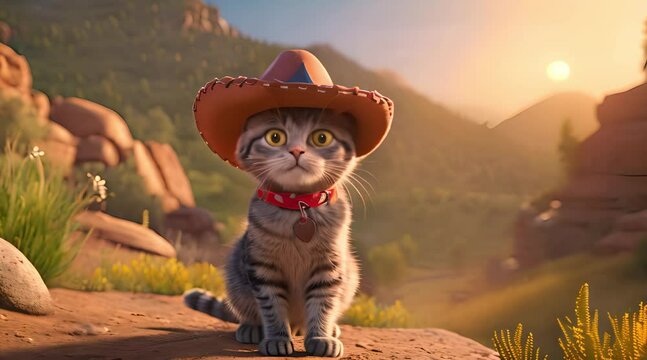 A cute cat wearing a cowboy hat in the wild