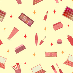 Seamless pattern of decorative cosmetics. Eyeshadow palette, blush, mascara, gloss, lipstick, cream, makeup brushes. Vector illustration