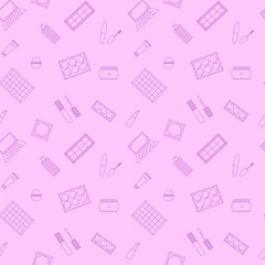Seamless pattern of decorative cosmetics. Eyeshadow palette, blush, mascara, gloss, lipstick, cream, makeup brushes. Vector illustration