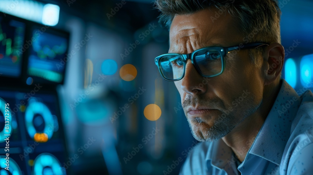Poster detailed portrait of a handsome and confused middle-aged engineer using a computer. high tech engine