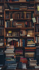 Bookshelves filled with books and laptops in a library. Vertical  background 