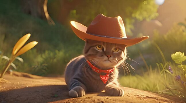 A Cute Cat sitting Wearing a cowboy Hat