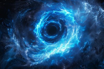 A blue and white spiral galaxy with a blue hole in the middle