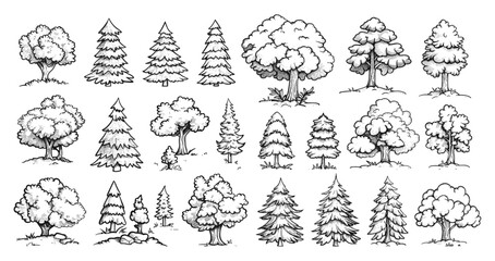 Hand-Drawn Forest Tree Icons Set. Oak, Pine, Spruce, Maple, Shrubs, and Stones. Black and White Icons Isolated on White Background. Nature, Woodland, Wilderness, Flora, Botanical, Landscape