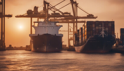 Fototapeta premium cargo ship unloading containers at the port, sunset.