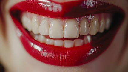 A Macroshot of a Mouth with Perfect White Teeth. A Female Laughs with and Open Mouth. She Has Beautiful Natural Healthy Red Lips and Even Teeth.