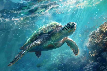 Turtles in the ocean swim with their old shells in the beautiful blue sea water, generative ai