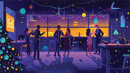 Colleagues at New Year party in office Vector style 