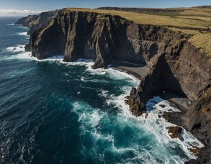 A panoramic view of a rugged volcanic coastline, with dramatic cliffs plunging into the churning...