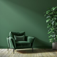 Bright and cozy modern living room interior with green armchair and decoration room on empty dark green wall background.3d rendering