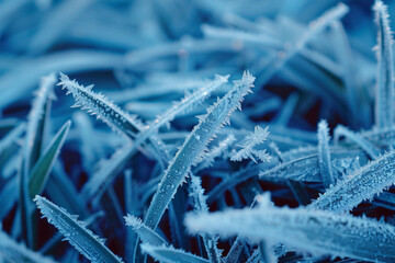 Fototapeta premium Closeup view of the patterns of frost on blades of grass, with their icy crystals and intricate textures creating a mesmerizing composition