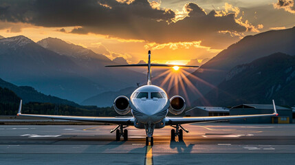 private business jet parked at the airport at the foot of the mountains in the rays of a summer...