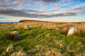 The Goatstones with Ravensheugh Crags behind, is a Bronze Age four-poster stone circle above...