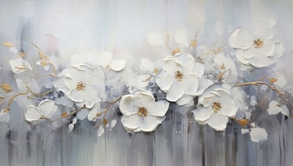 Gilded Blossoms: Serene Painting of White Flowers Adorned with Gold Accents