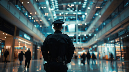 Security Guard in Black Stands Vigilant at Shopping Mall. Concept Security Guard, Black Uniform, Vigilant, Shopping Mall, Authority Figure