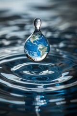 Planet earth shaped water droplet   water conservation concept with space for text