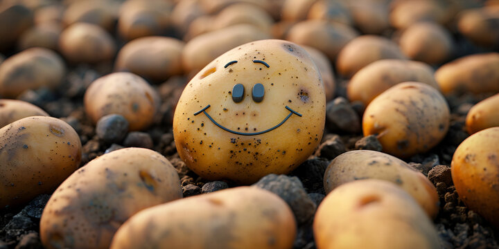 Vegetables Faces,A potato with a smiley face is laying in the dirt with a sprout in the background.