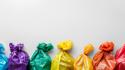 A set of colored garbage bags on white background. Collage of garbage bags.