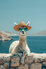 Obraz premium Chic llama in hat and glasses on beach, epitomizing vacation bliss, with text space