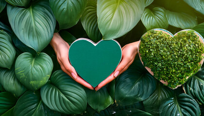 Ecology love World Environment day 05 June Green earth with young plant heart green leaves on green nature background design isolated white background.