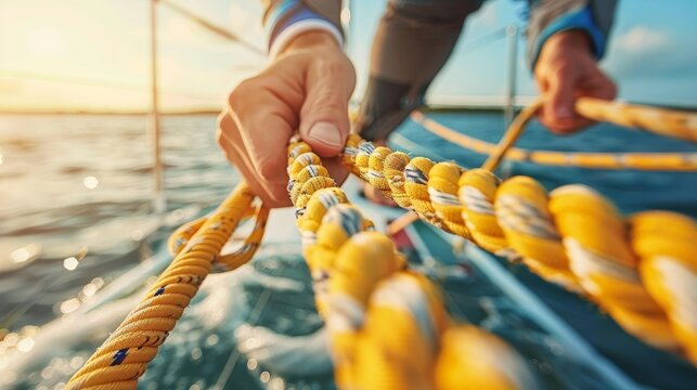 Close up of sailor s precise rope adjustment in olympic sailing, showcasing skill and precision