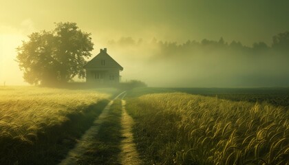 A house in the middle of grassy fields with a foggy sky, a road leading to it