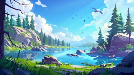 Nature summer landscape with lake, green grass on rocks, and conifer trees. Scenery of blue clear water and spruce trees under blue sky with clouds and flying birds. Cartoon modern background.