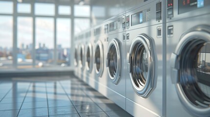 Row of washing machines in a laundry room