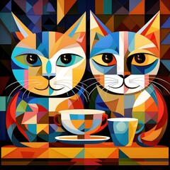 Abstract image of two kittens with cups of coffee