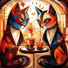 Abstract image of two kittens with cups of coffee