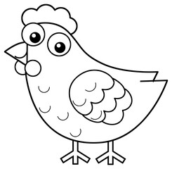 Cartoon happy farm animal cheerful hen chicken bird running isolated background with sketch drawing illustration for children