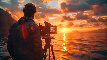 Represent a cinematographer capturing stunning visuals on location, using light and composition to enhance the storytelling of a film