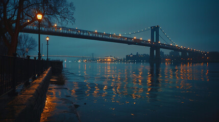 Bronx Whitestone Bridge at dusk. The bridge connects Throggs Neck and Ferry Point Park in the Bronx, on the East River's northern shore, with the Whitestone neighborhood of Queens in the south.