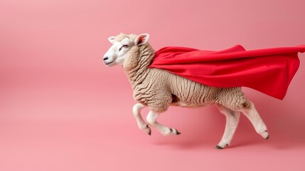 Superhero sheep flying on gradient pastel backdrop with ample space for text placement