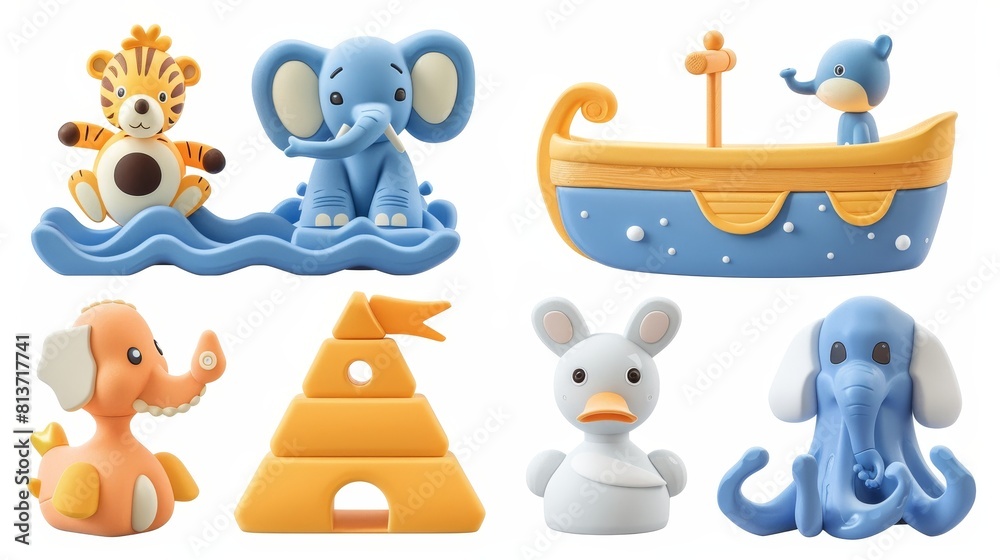 Poster modern cartoon set of cute soft tiger, elephant, octopus, rabbit, wood horse, boat, and wooden ship 