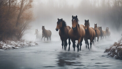 A wild herd of natural horses crossing the snowy river, foggy weather 
