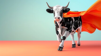 Superhero cow flying in pastel gradient sky with spacious area for creative text placement