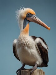 A Pelican bird is sitting on a blue background. AI generated image